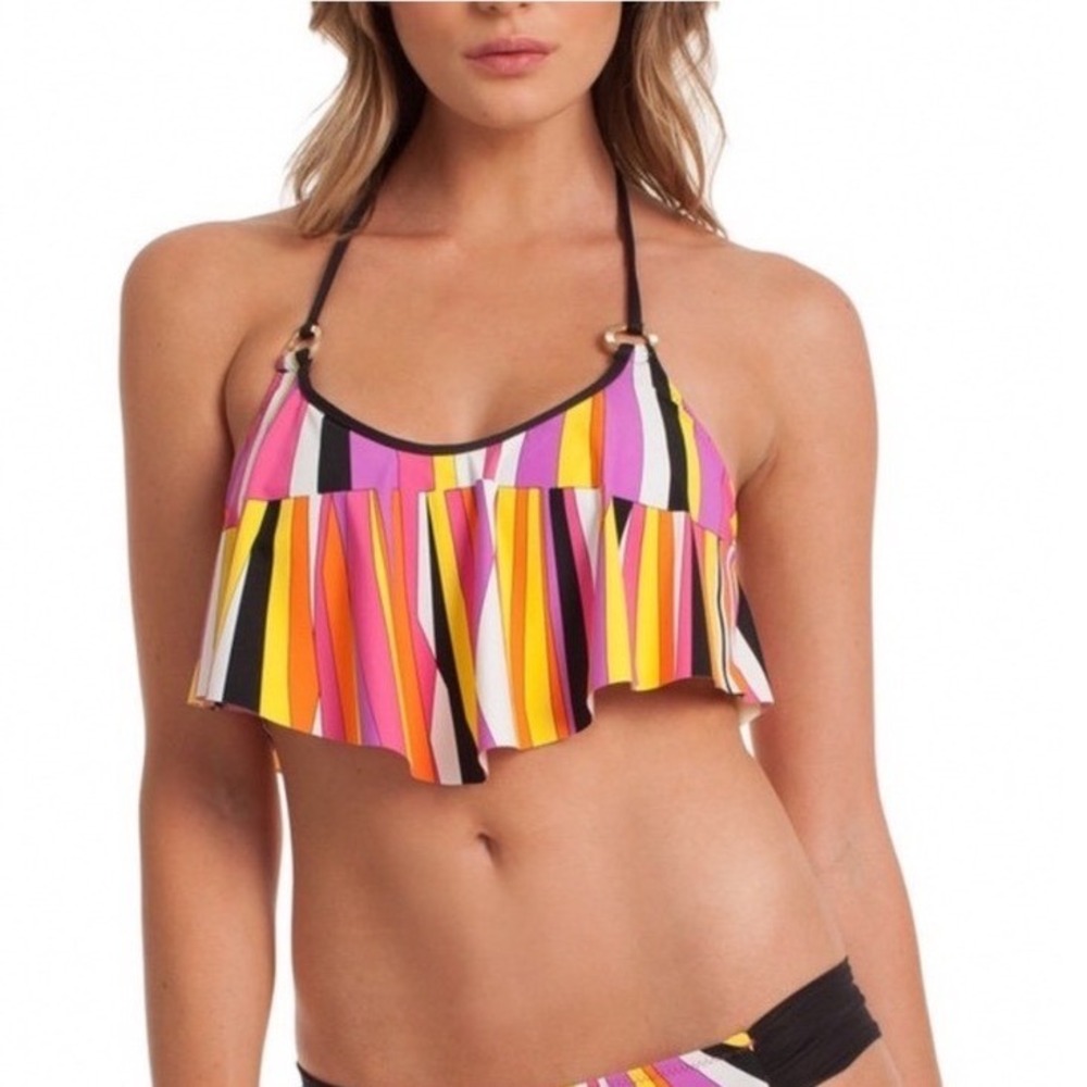 Trina Turk Sunburst Flounce Bikini Top Multi Color‎ Striped Halter Medium